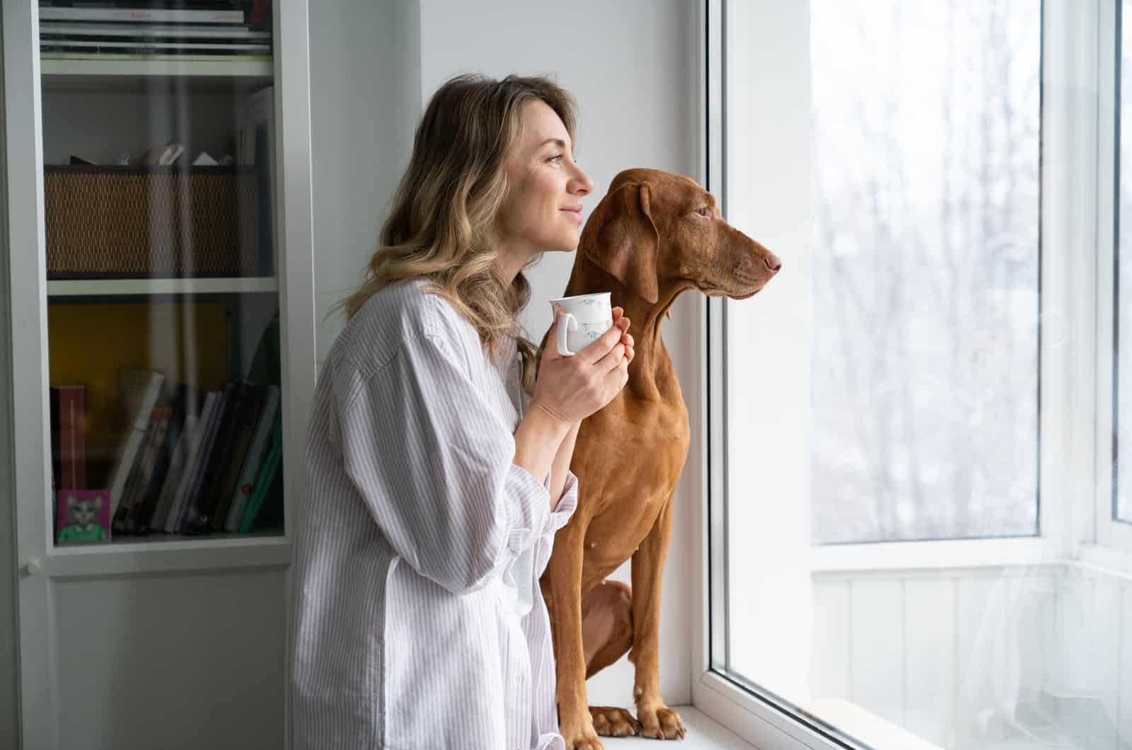 woman and her vizsla dog looking through the window