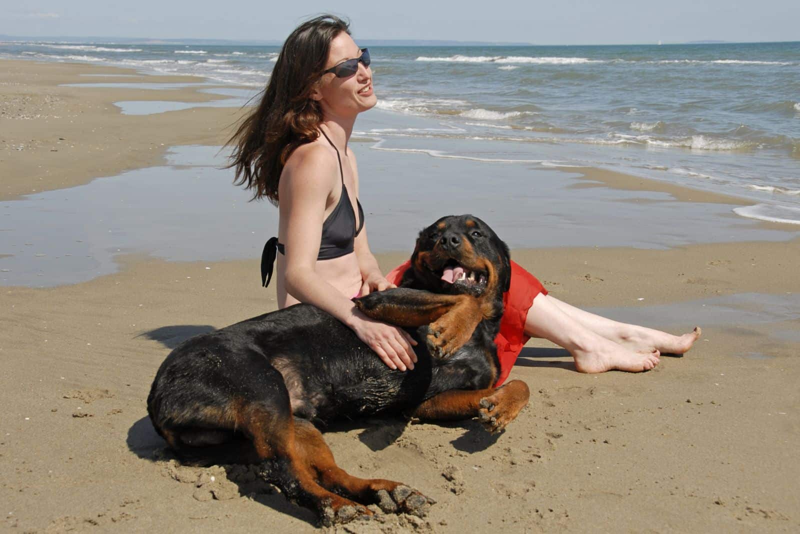 a woman with a Rottweiler enjoys the beach