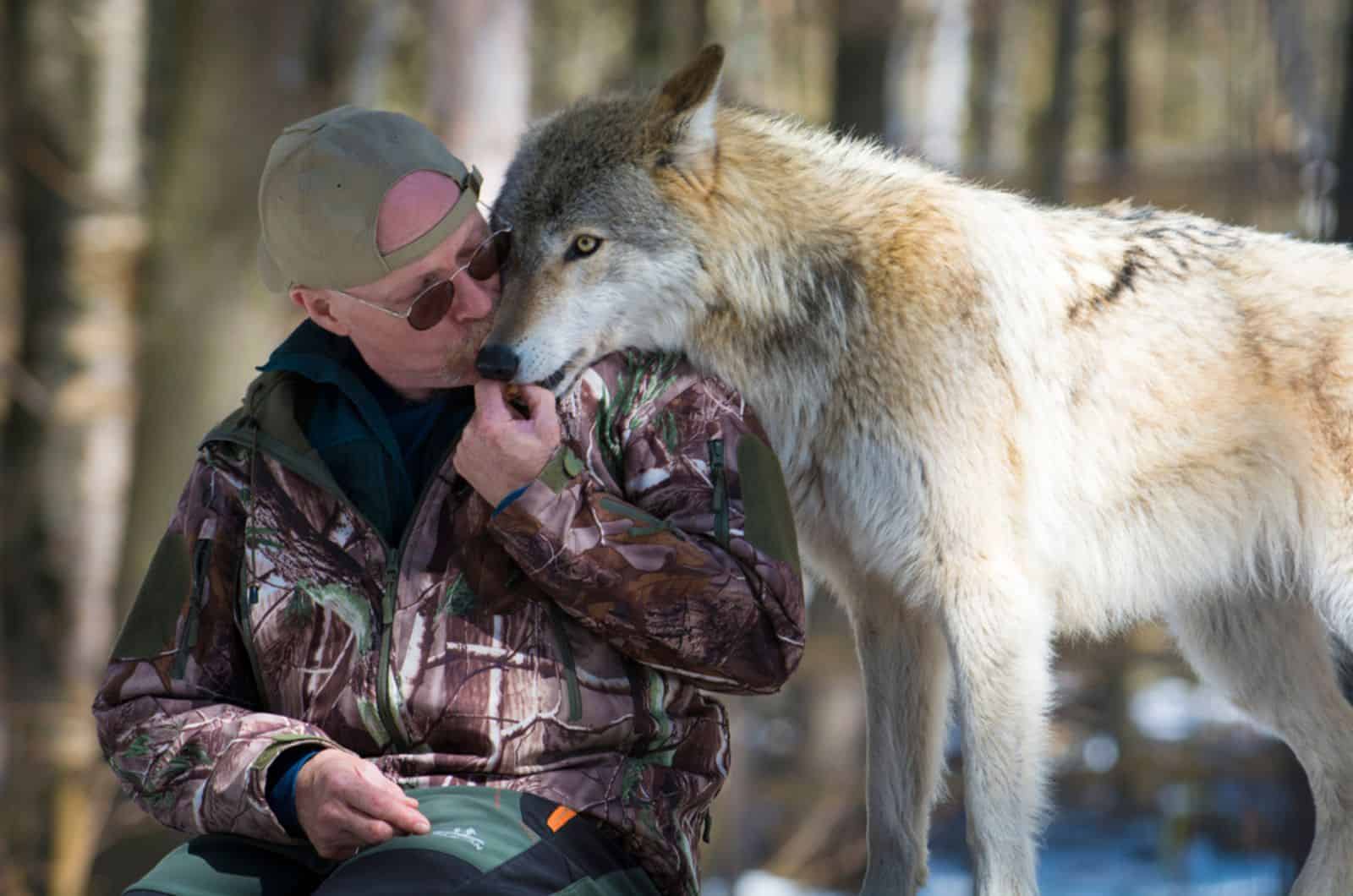 man and wolf in forest