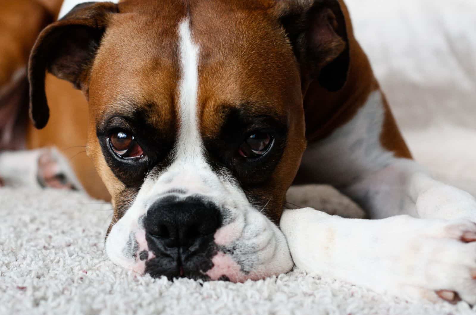 sad boxer dog lying on the carpet