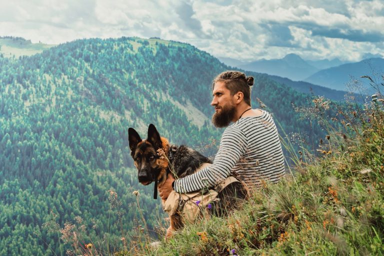 a man sits on a mountain with a German shepherd