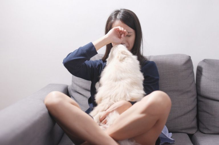 dog licking crying woman