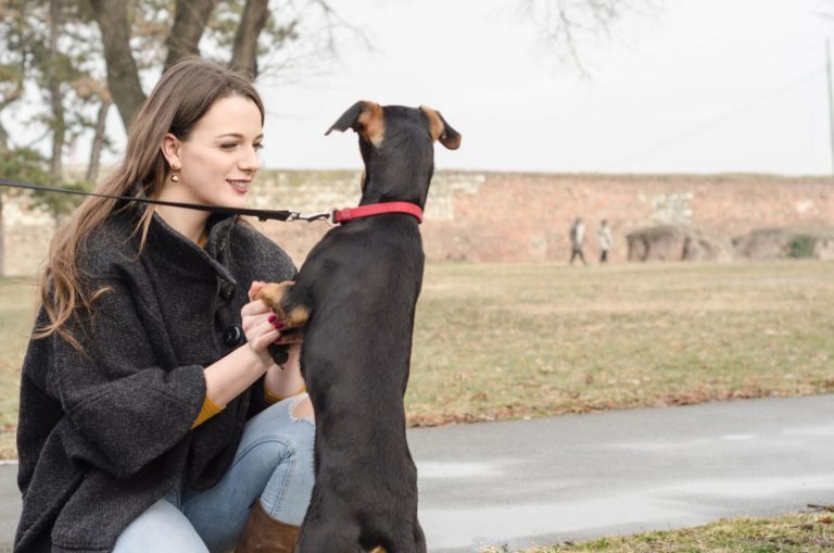 strange woman petting dog