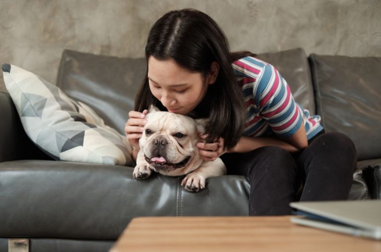 woman and her french bulldog on the couch