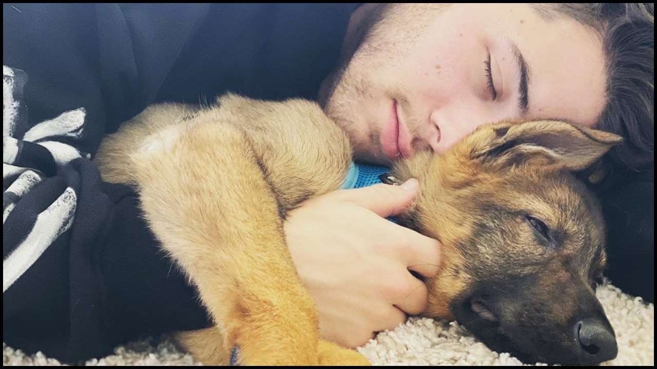 a man sleeps with a German shepherd