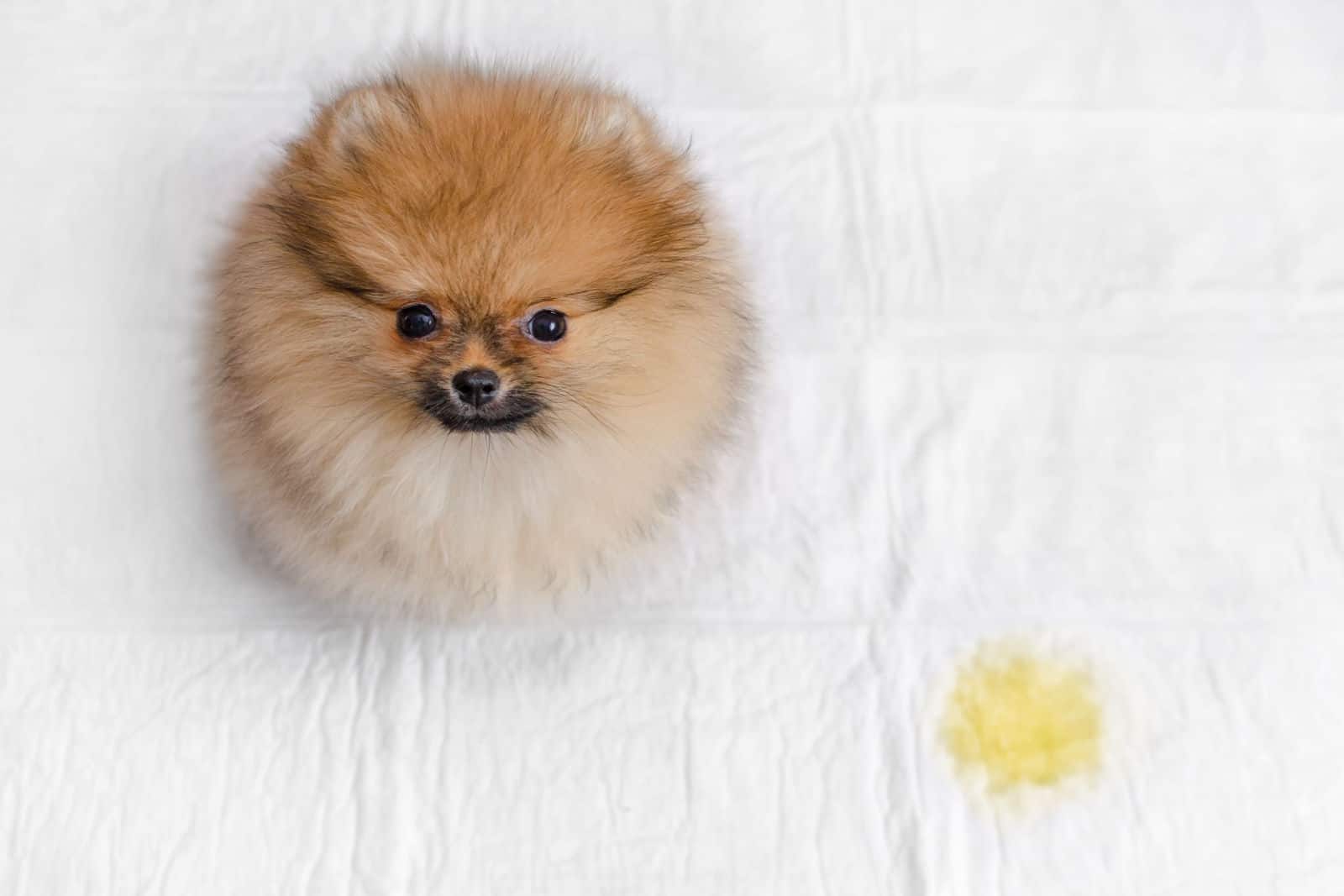 fluffy pomeranian puppy and urine puddle