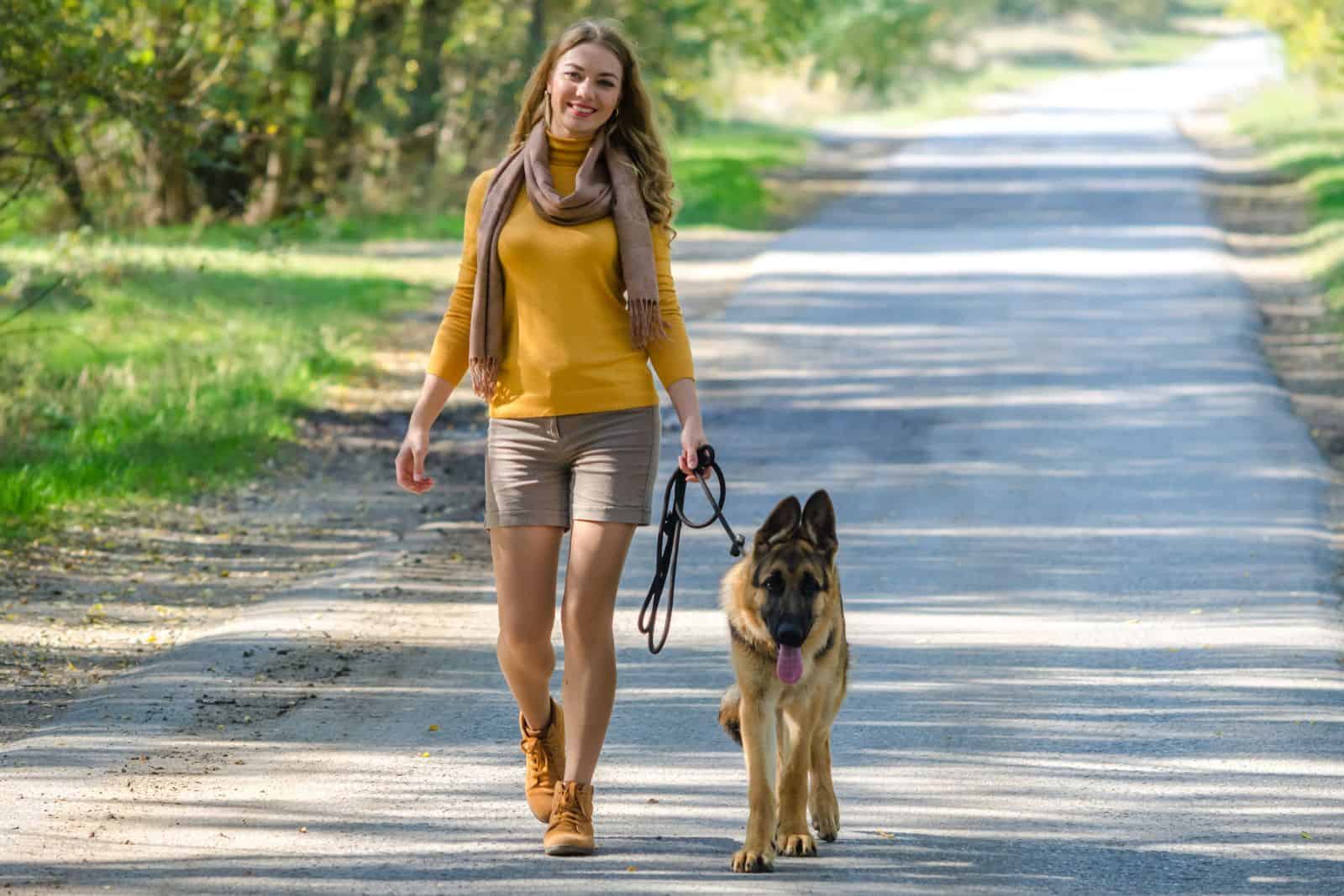 german shepherd walking with a smiling girl