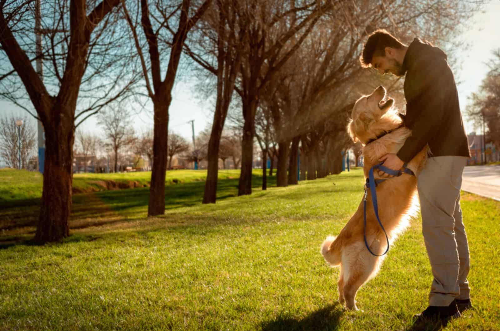 man and golden retriever in the park