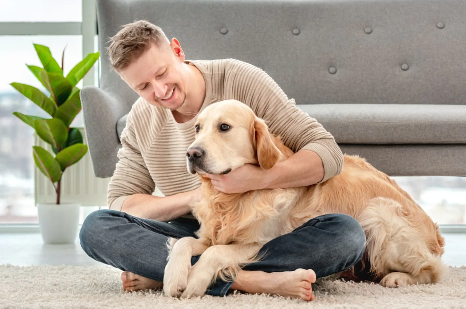 man hugging golden retriever dog while sitting on the floor