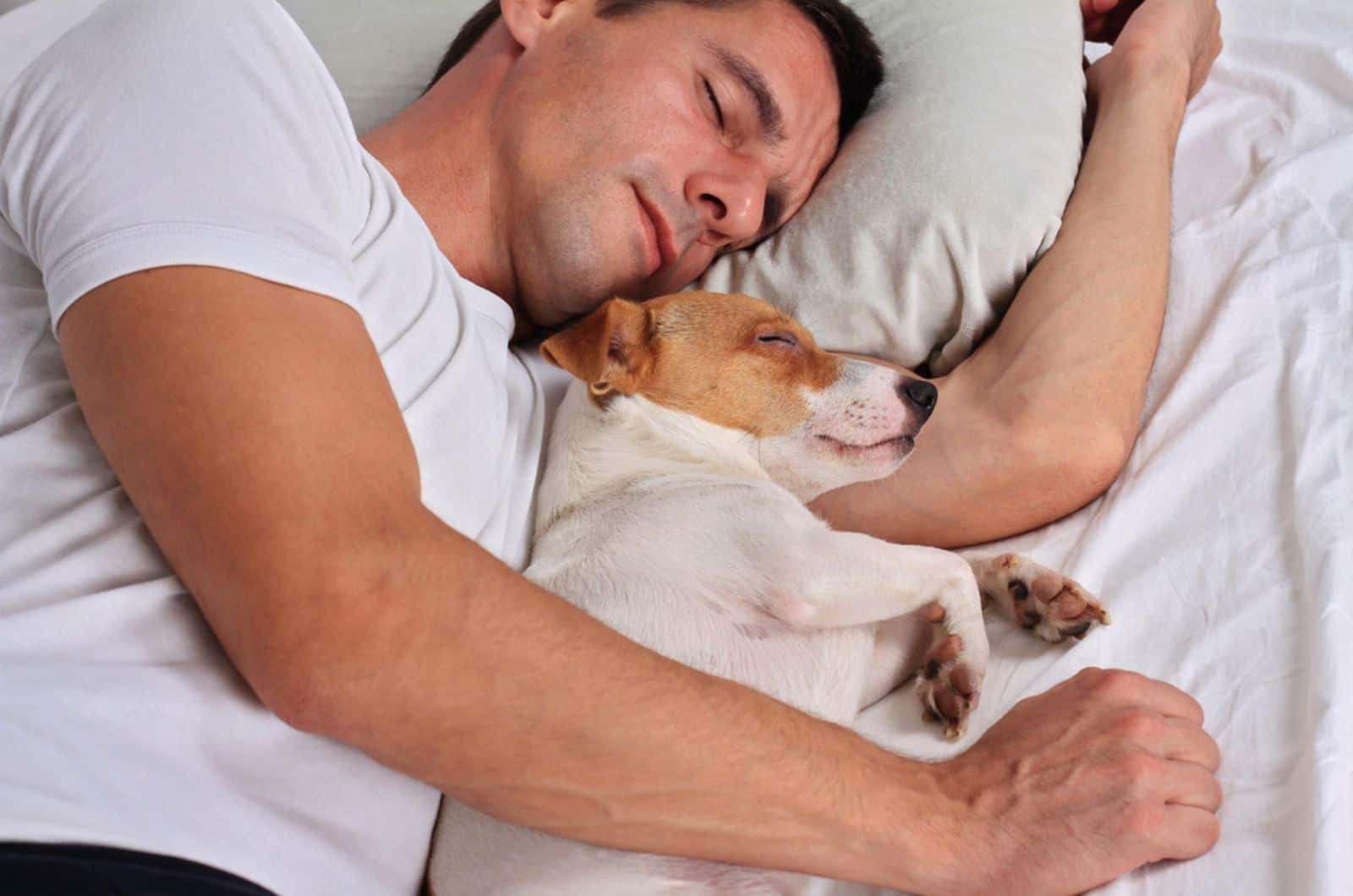 man sleeping with dog in the bed