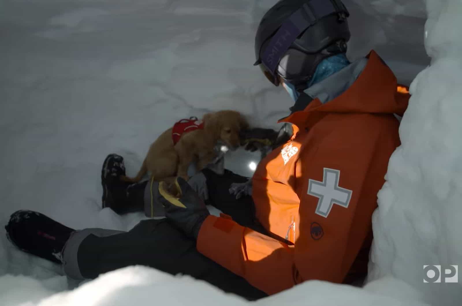 man training an avalanche rescue dog