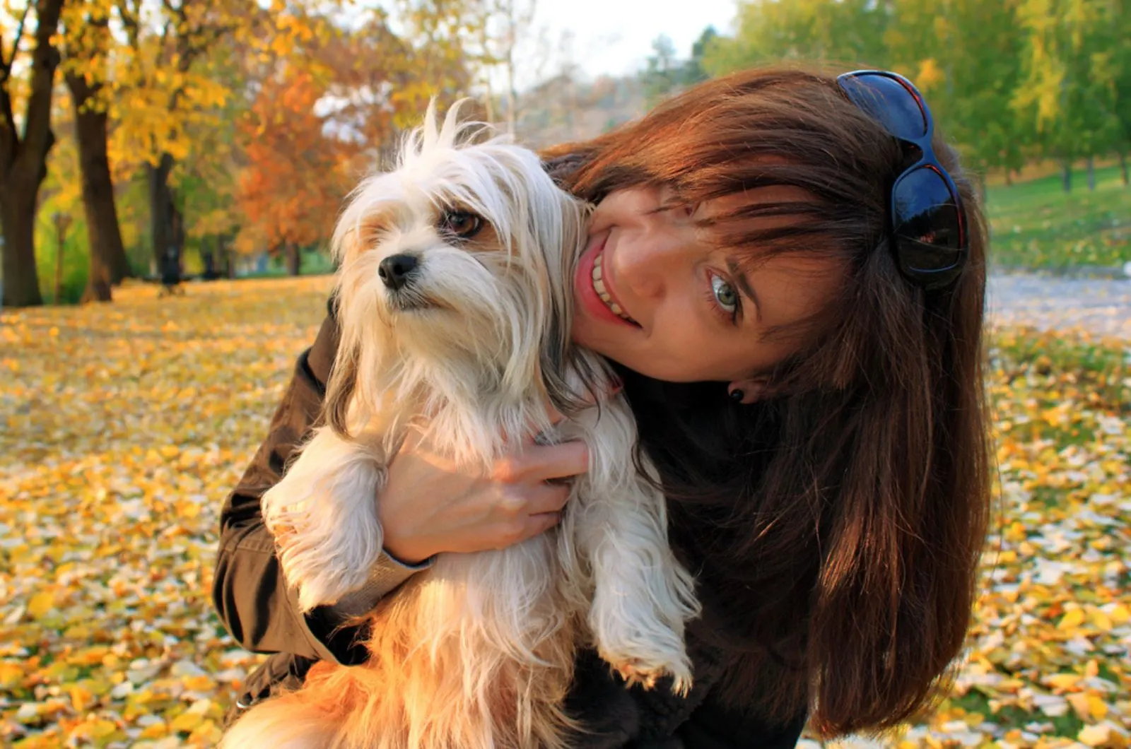 woman holding her lhasa apso in the park