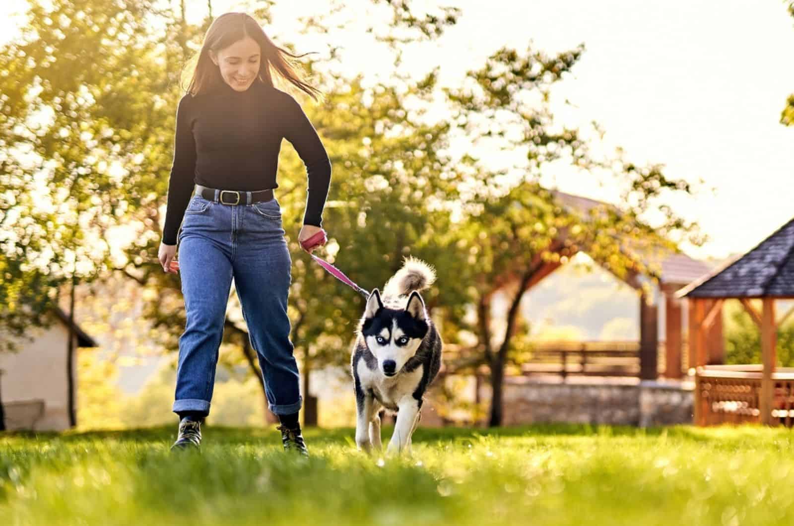 woman takes her husky dog for a walk in the park