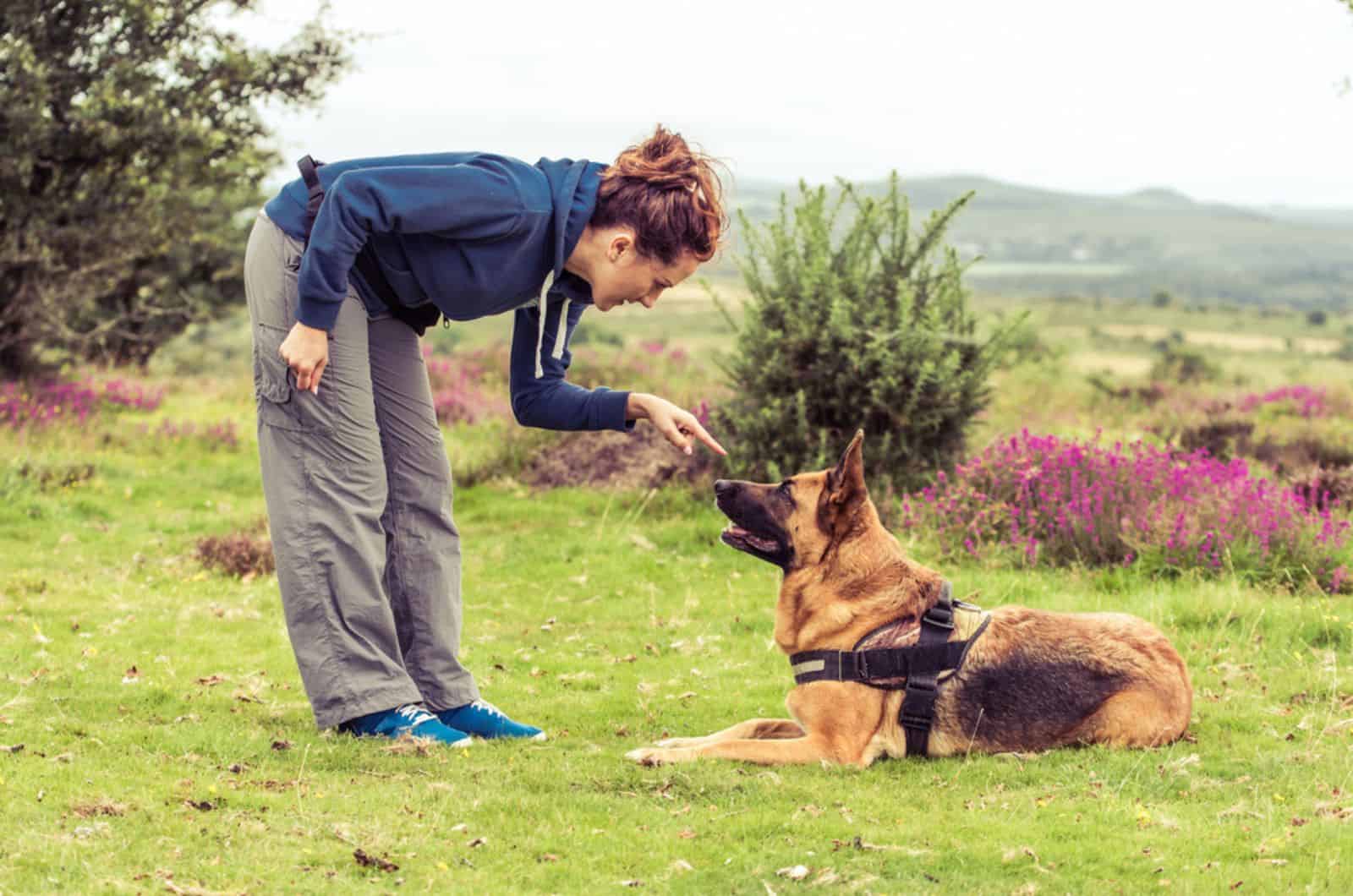 woman training her german shepherd in the garden