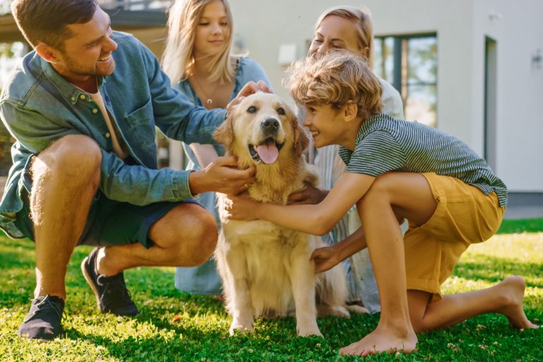 Smiling Beautiful Family of Four Posing with Happy Golden Retriever Dog on the Backyard Lawn