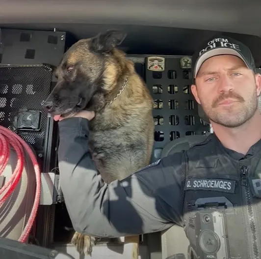a policeman in a car with a police dog