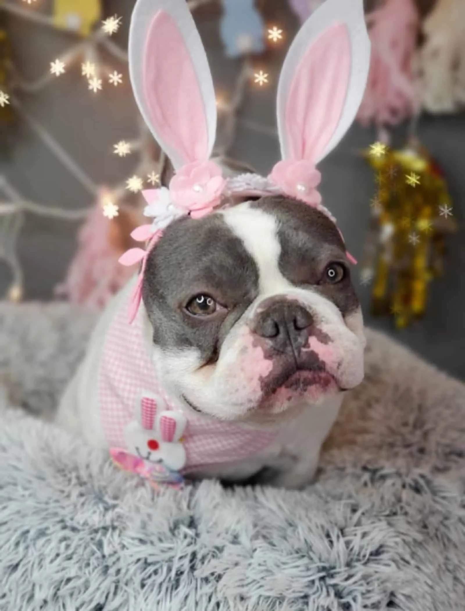 bully wearing easter outfit sitting on the bed