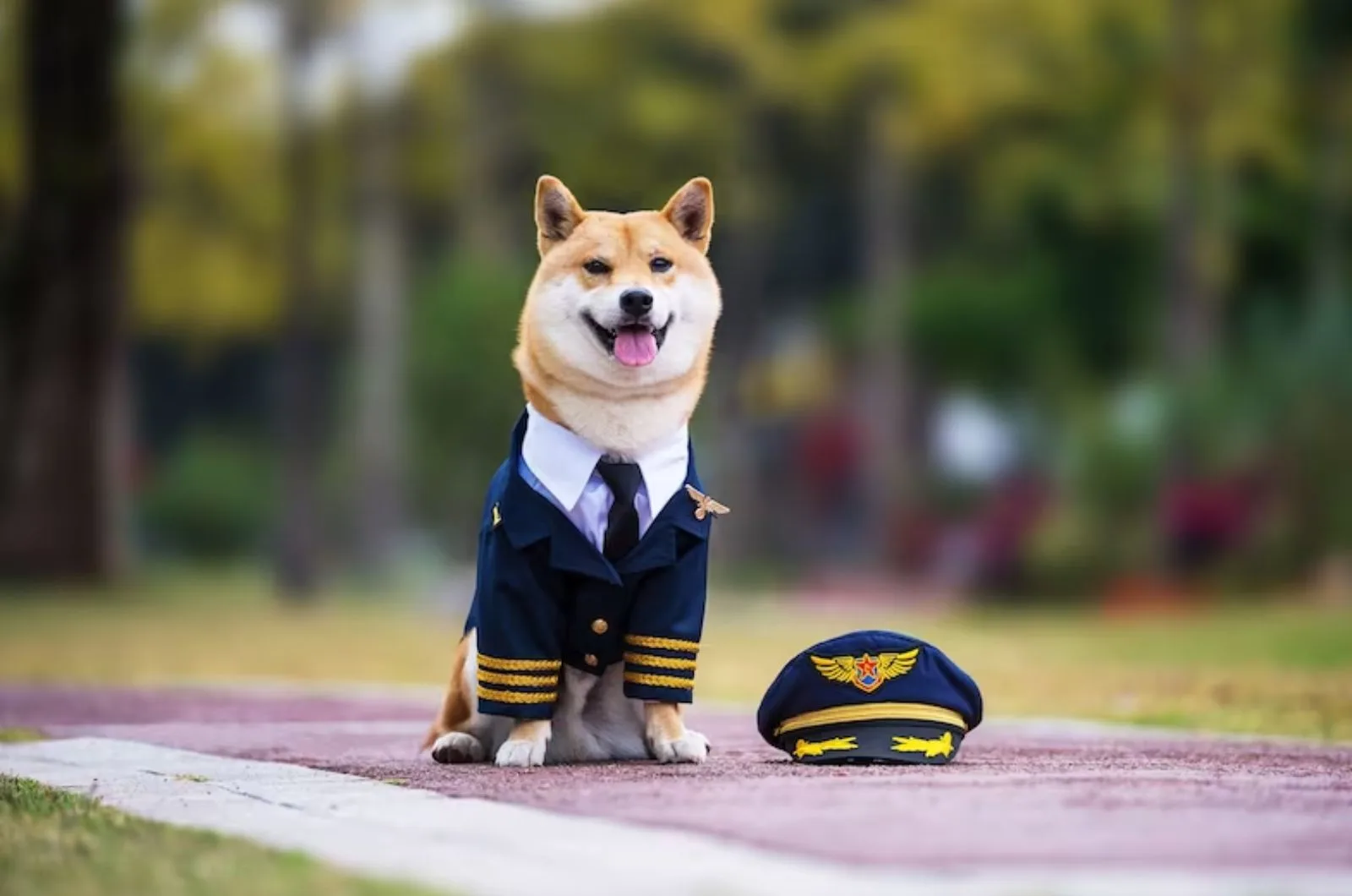 dog wearing pilot costume sitting in the park