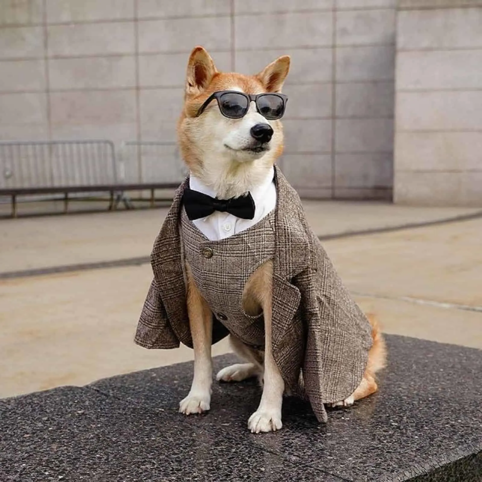 dog wearing suit and sunglasses