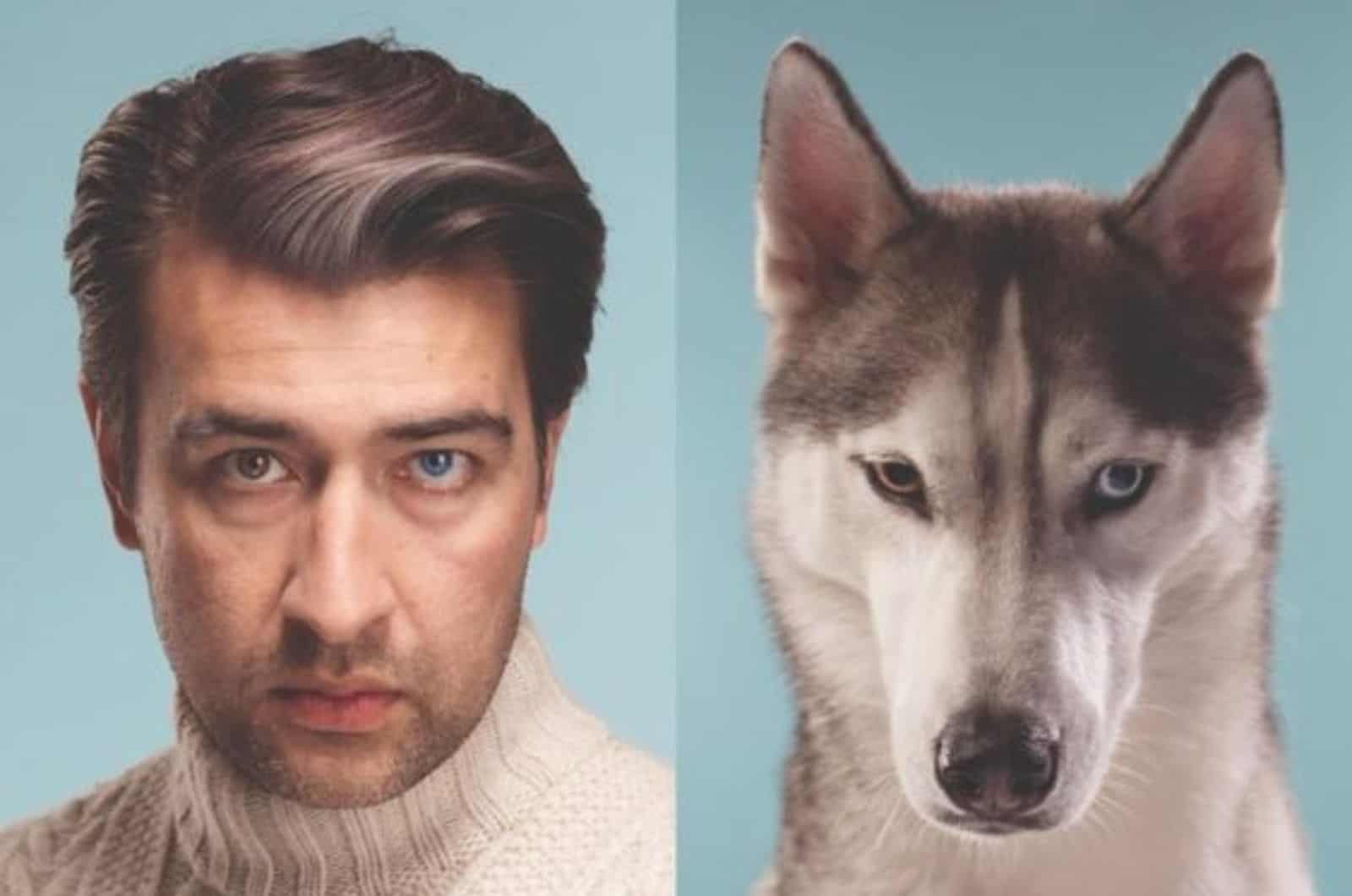 man and dog having two eyes of different colors looking similar