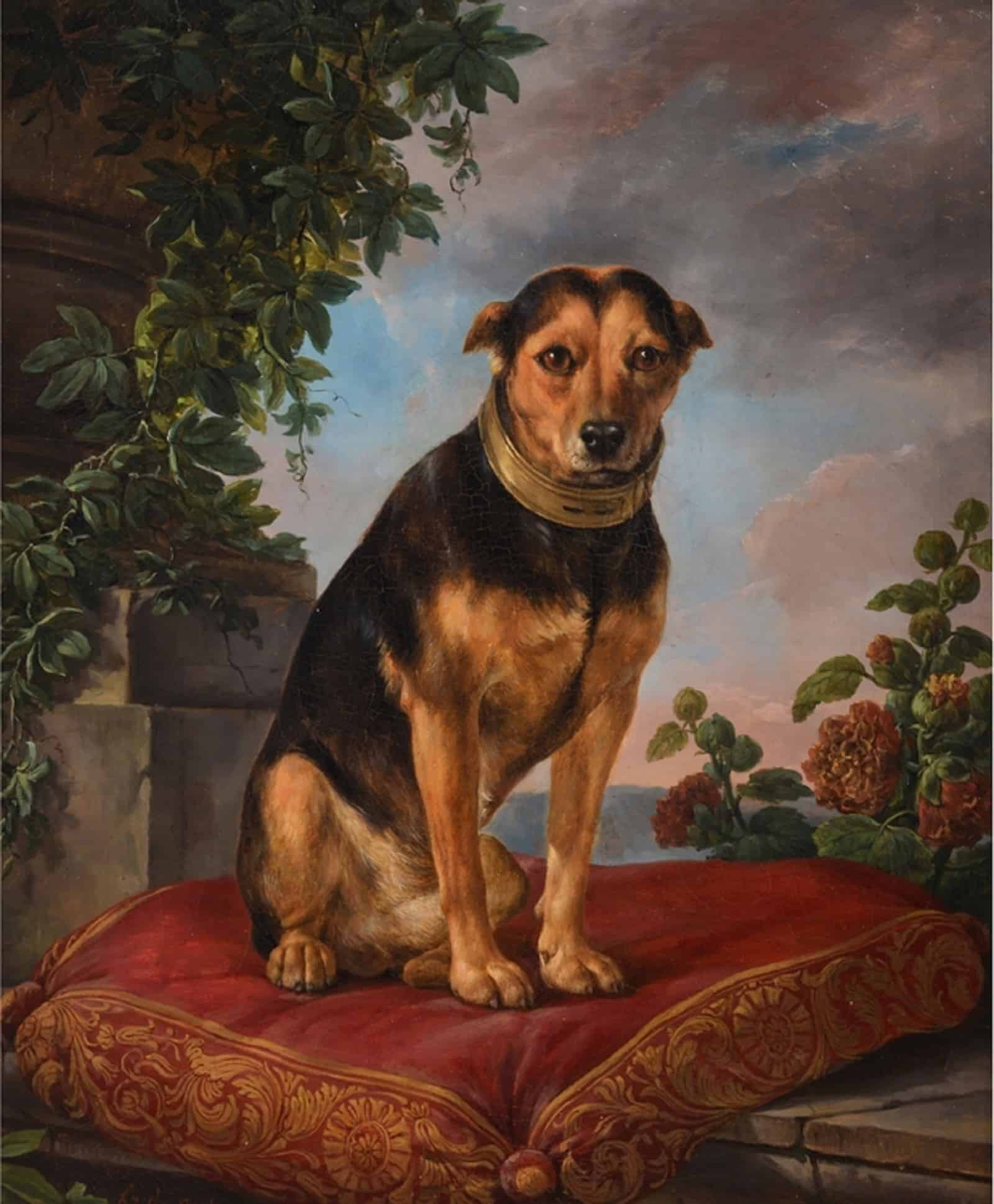 painting of dog sitting on red cushion