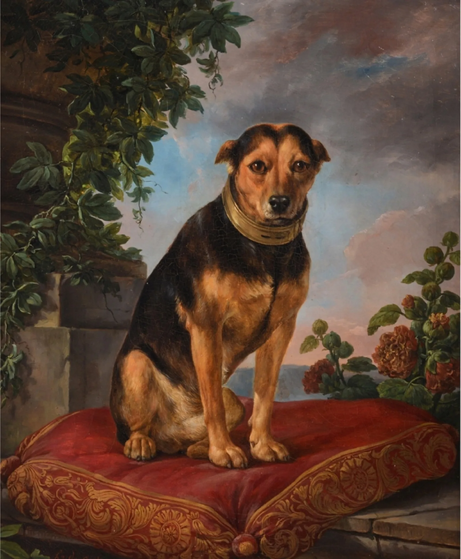 painting of dog sitting on red cushion