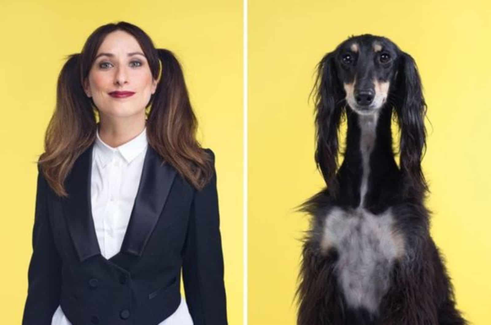 woman and dog with matching hairstyles looking similar