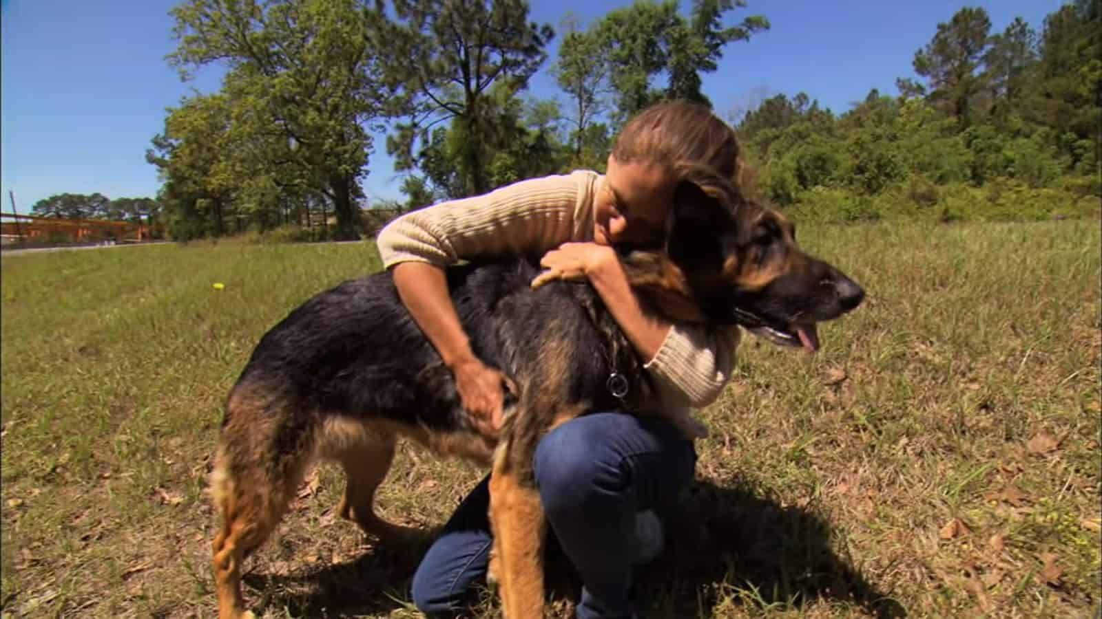 woman hugging tight german shepherd
