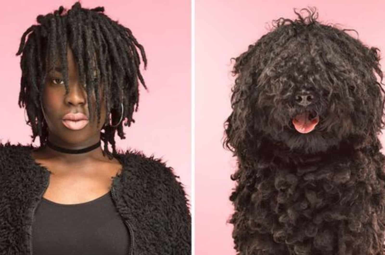 woman with dreadlocks and puli dog looking similar