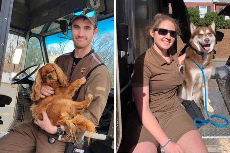 man and woman deliverymen with a dog