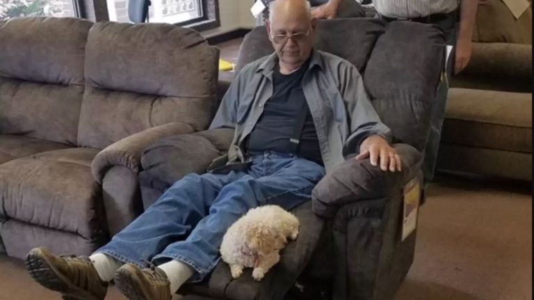 grandfather and dog on armchair