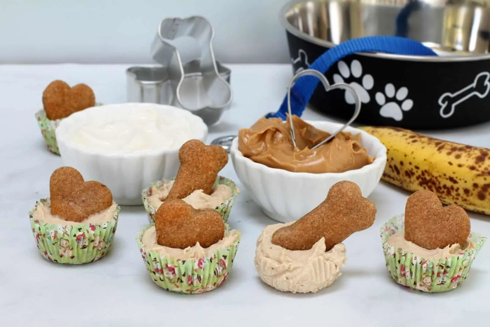 Homemade frozen dog ice cream cupcakes with a biscuit in the center
