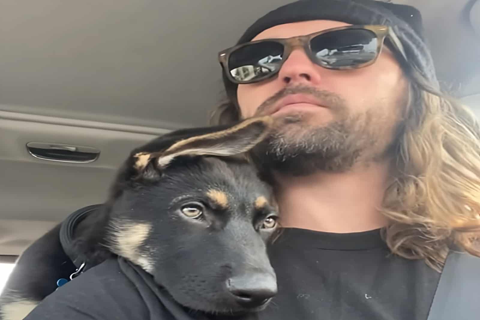 dog laying on mans shoulder