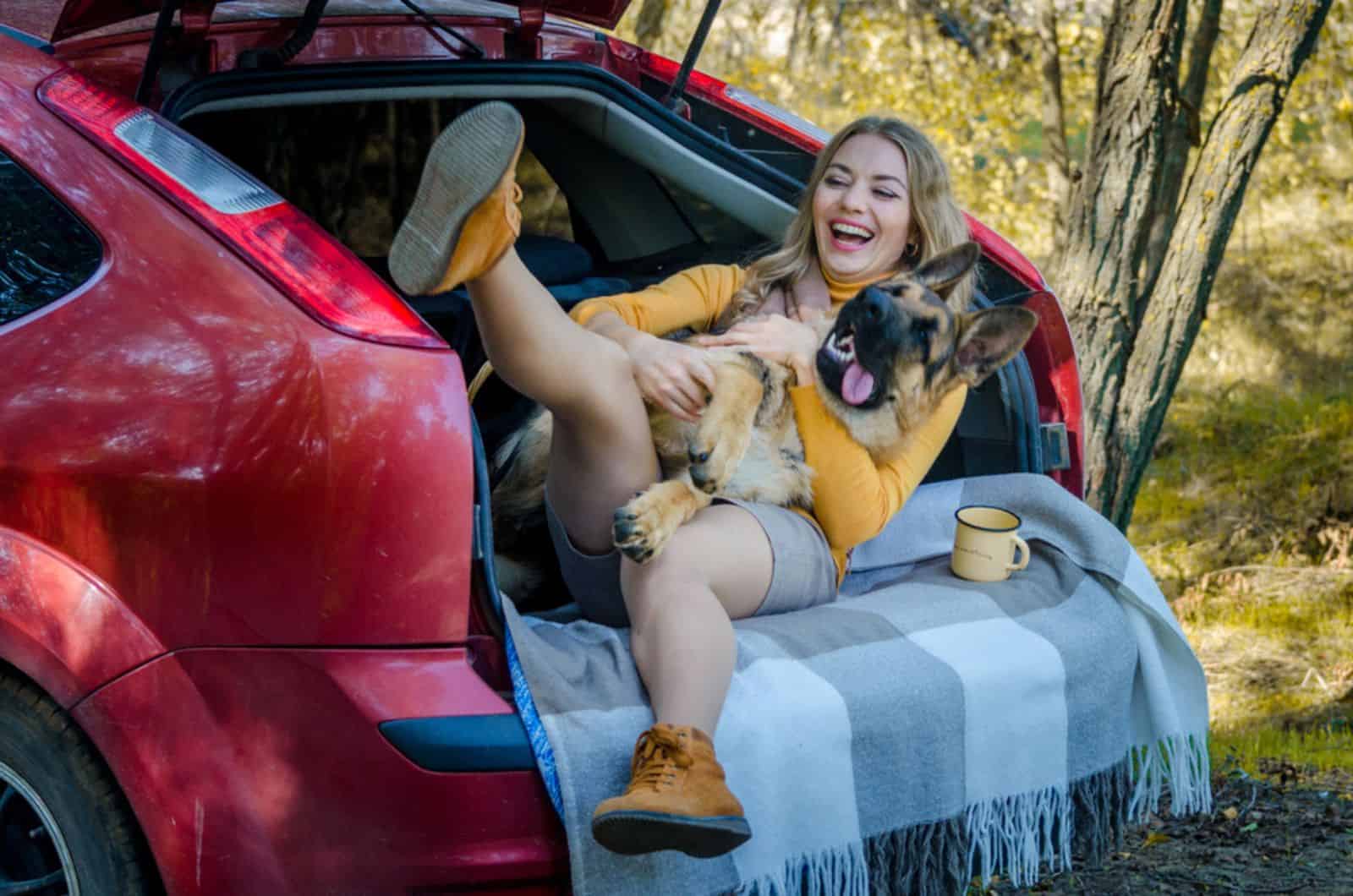 german shepherd dog lying on his owner  in the trunk of a car 