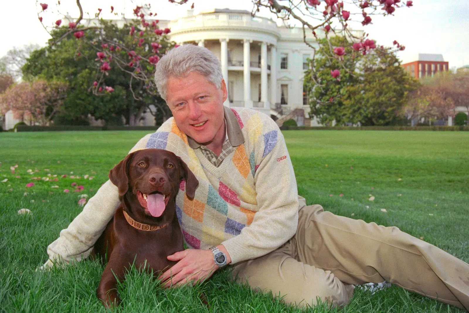 Bill Clinton is sitting in the garden on the grass with his dog