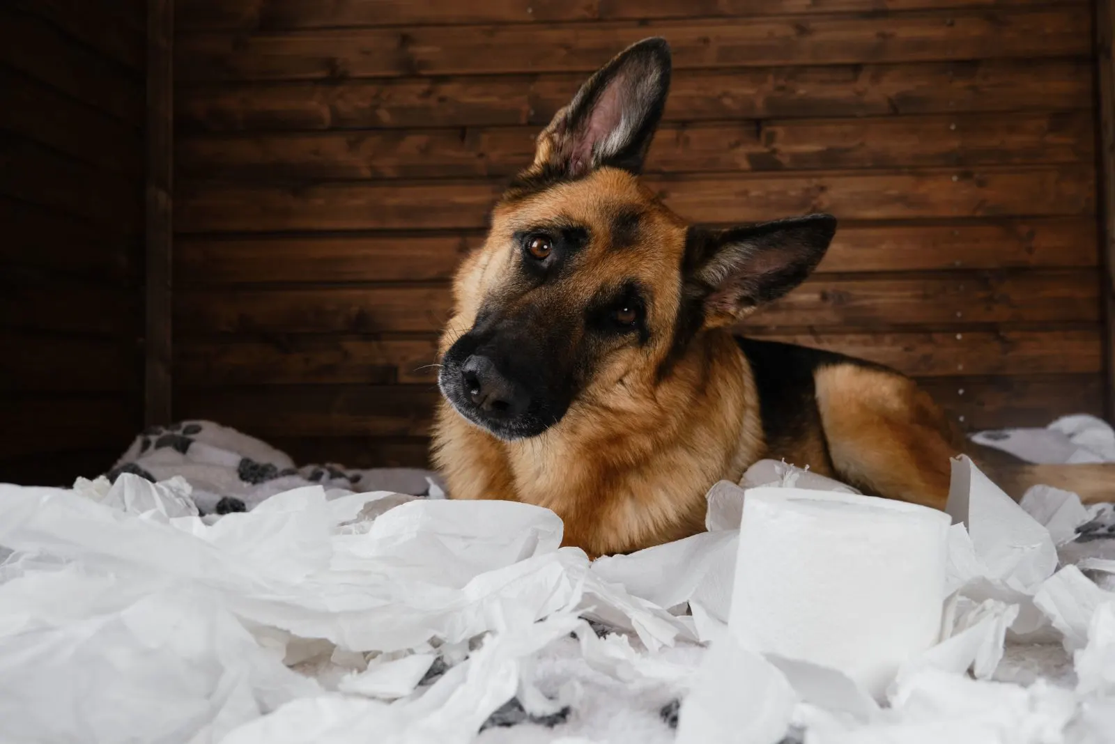 a german shepherd sitting next to a piece of torn paper