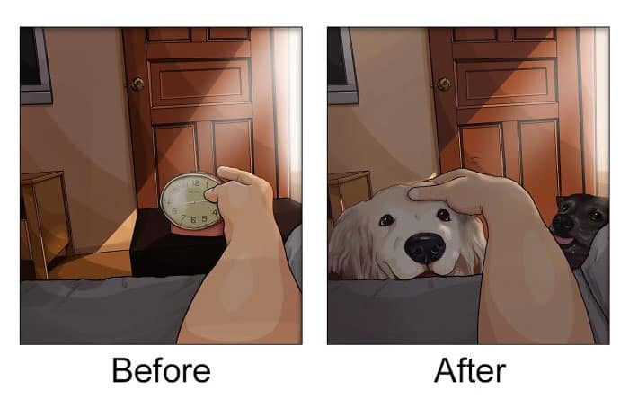 endearing illustration shows dogs functioning as alarm clocks