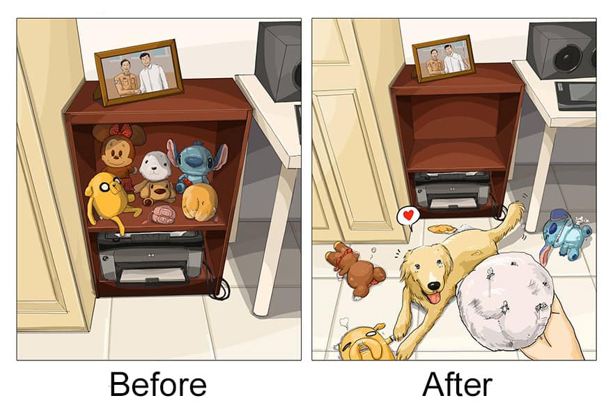 funny illustration showing a dog making a mess