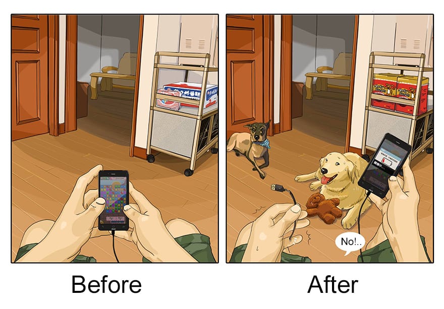 funny illustration shows how dogs chew the cables