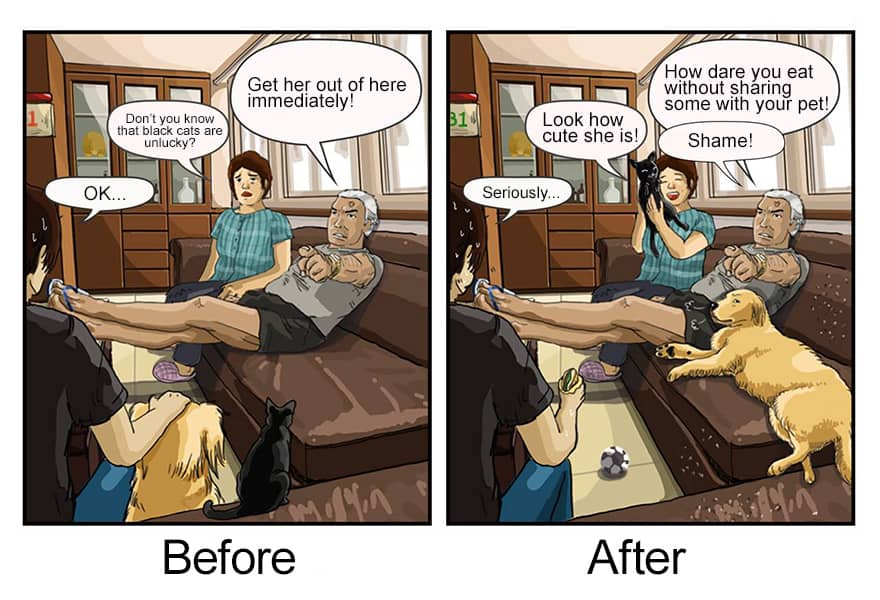 funny illustration shows the change in parents after getting a pet