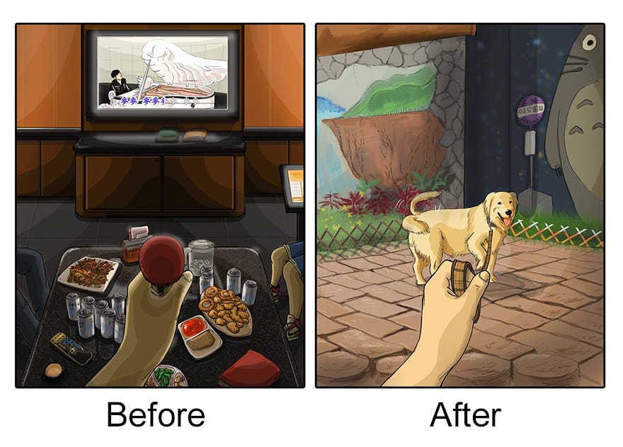 illustration shows healthier life habits after getting a dog
