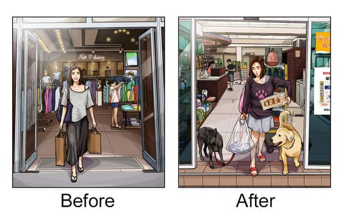 illustration shows shopping habits before and after getting a dog