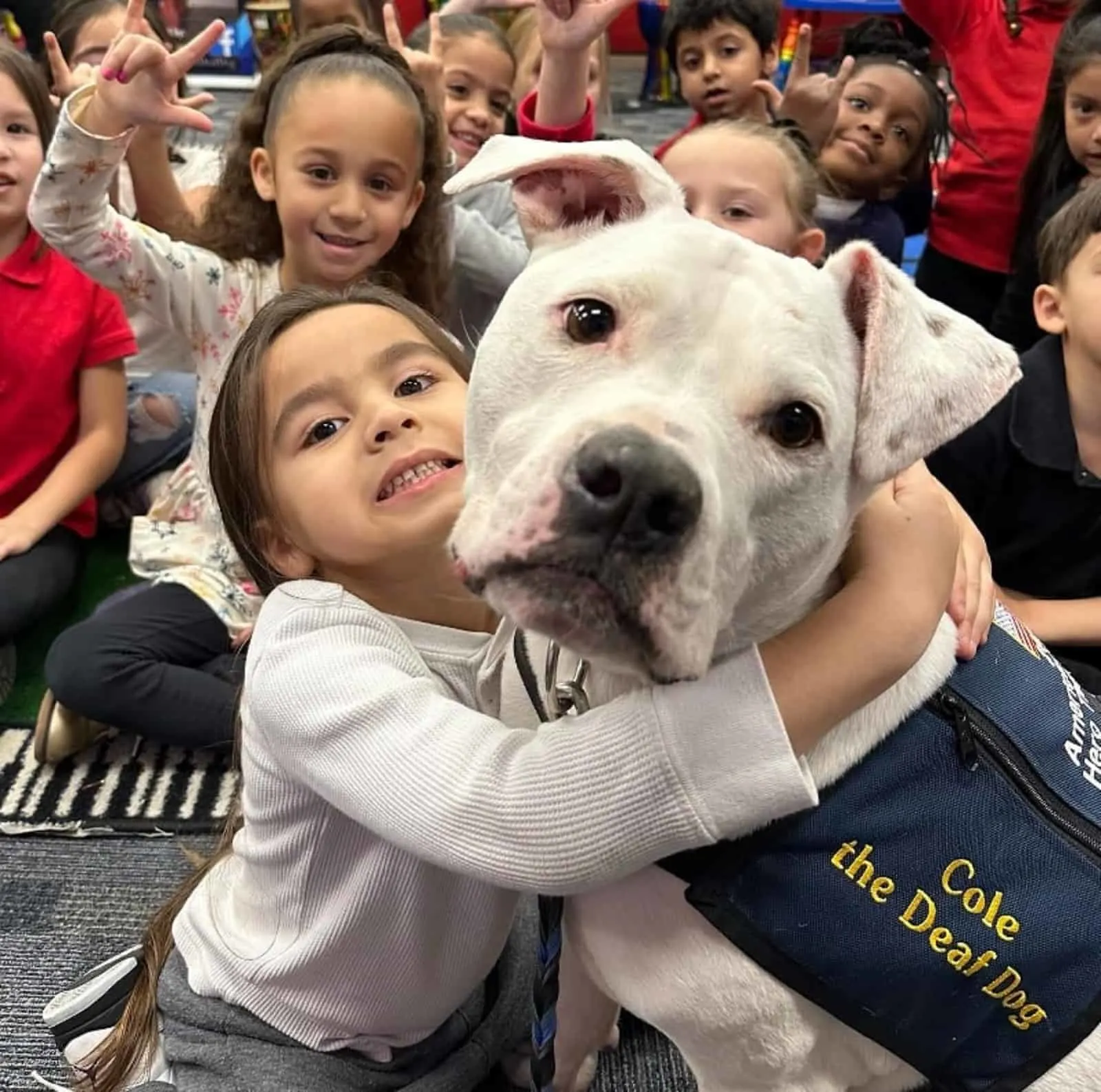 little girl hugging white dog surrounded by kids