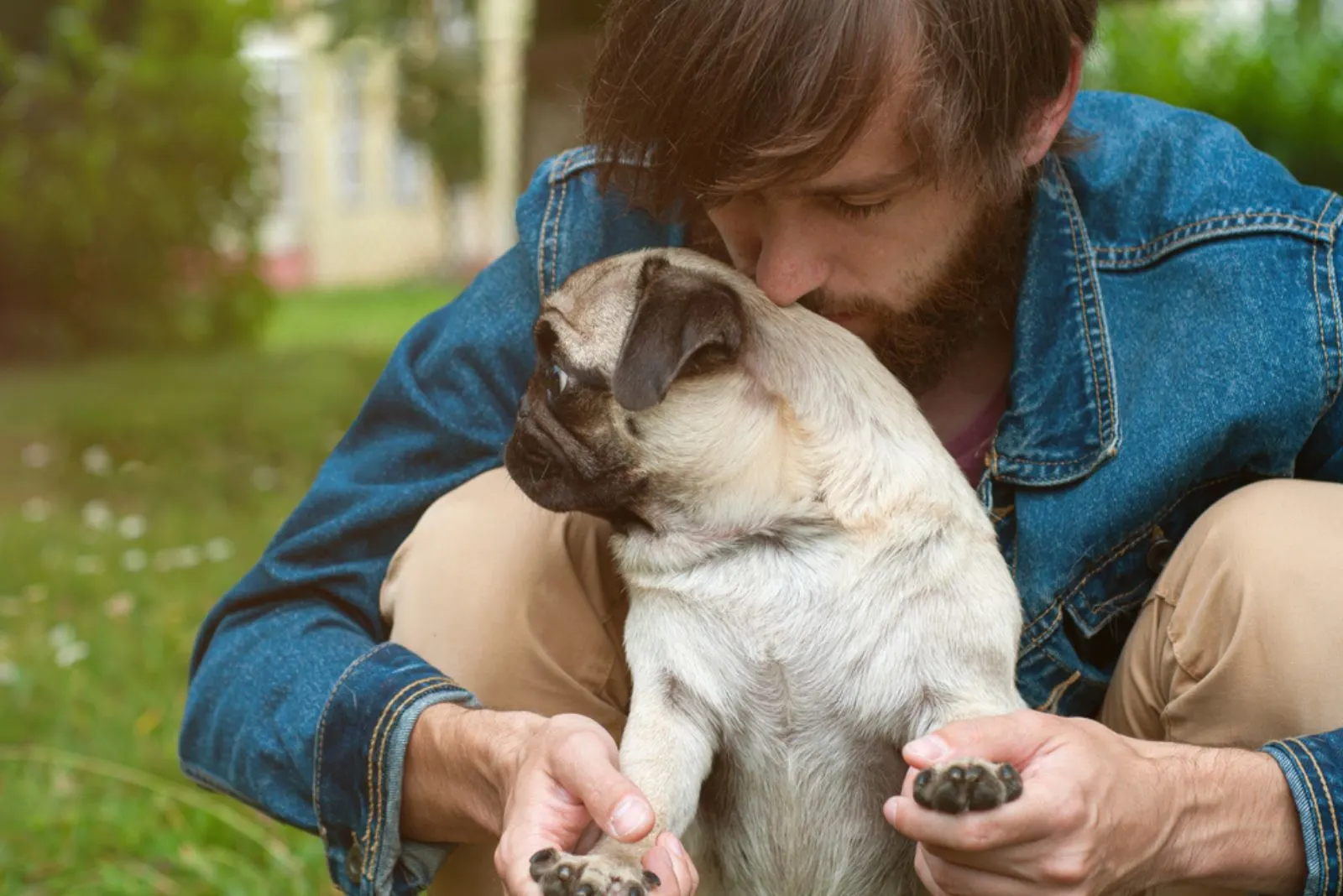 man playing with this dog pug in the park