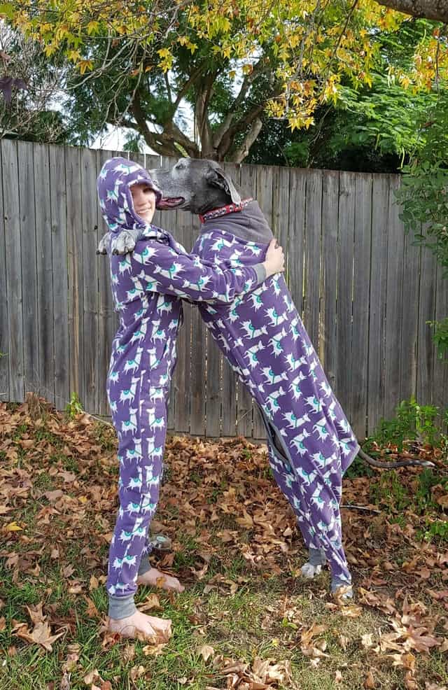 woman and great dane wearing matching outfits