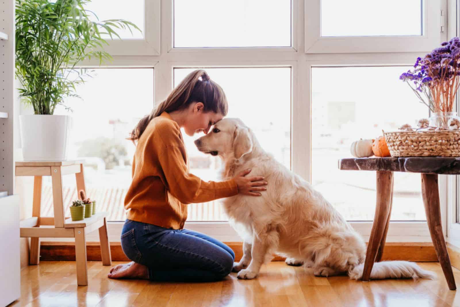woman hugging her golden retriever at home