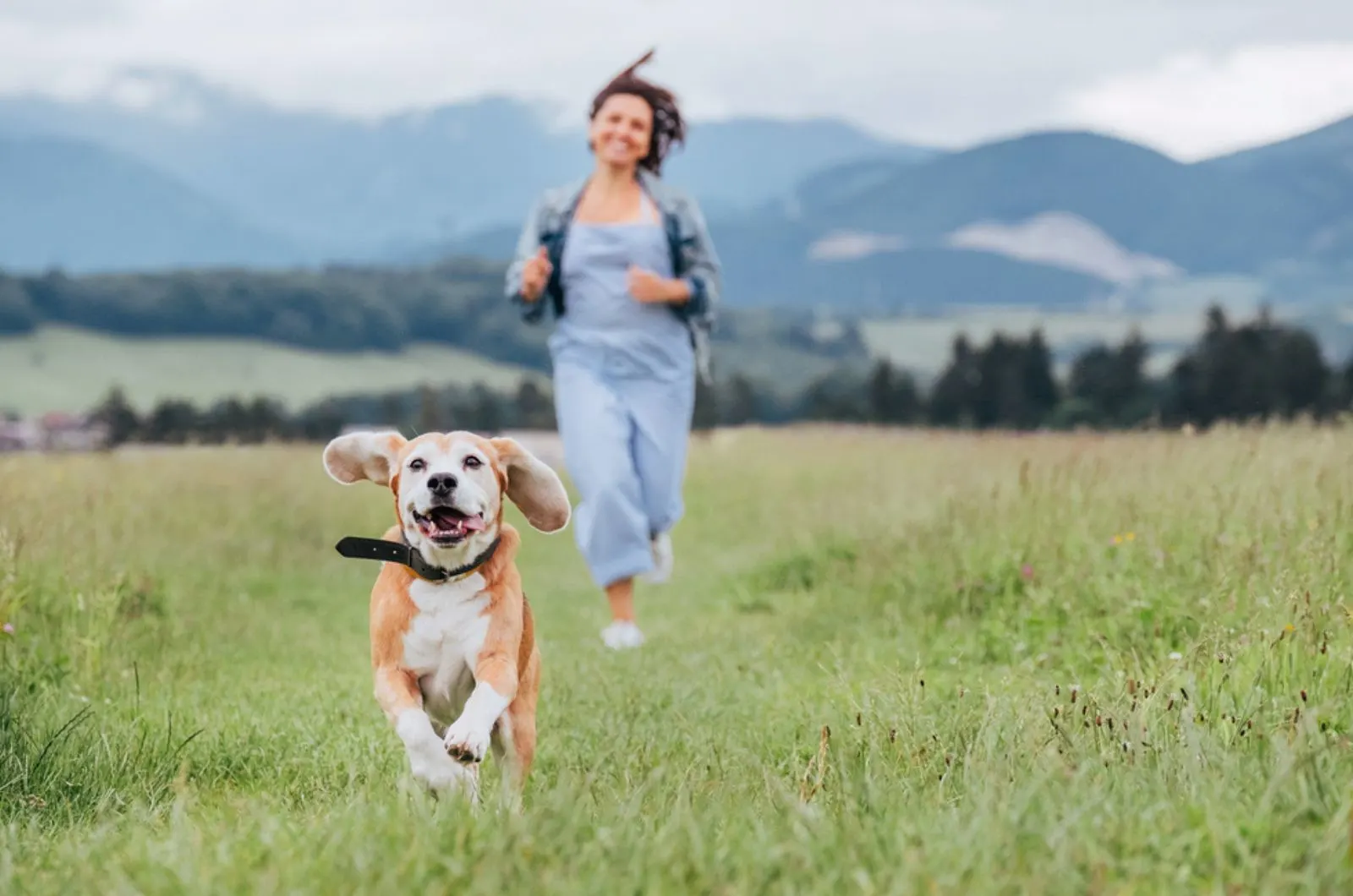 woman running behind her dog on a meadow