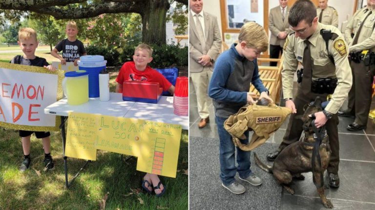the boys collect money for a dog's vest