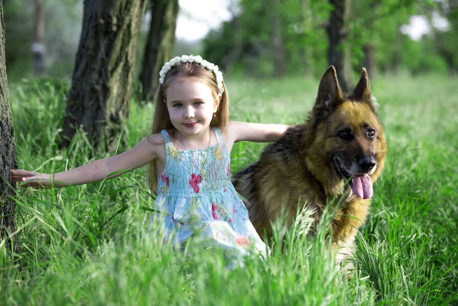 Little girl with a german shepherd dog on a green grass