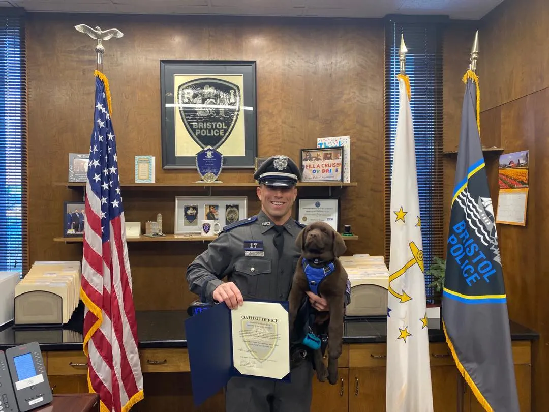 The K-9 dog is sleeping in the policeman's arms